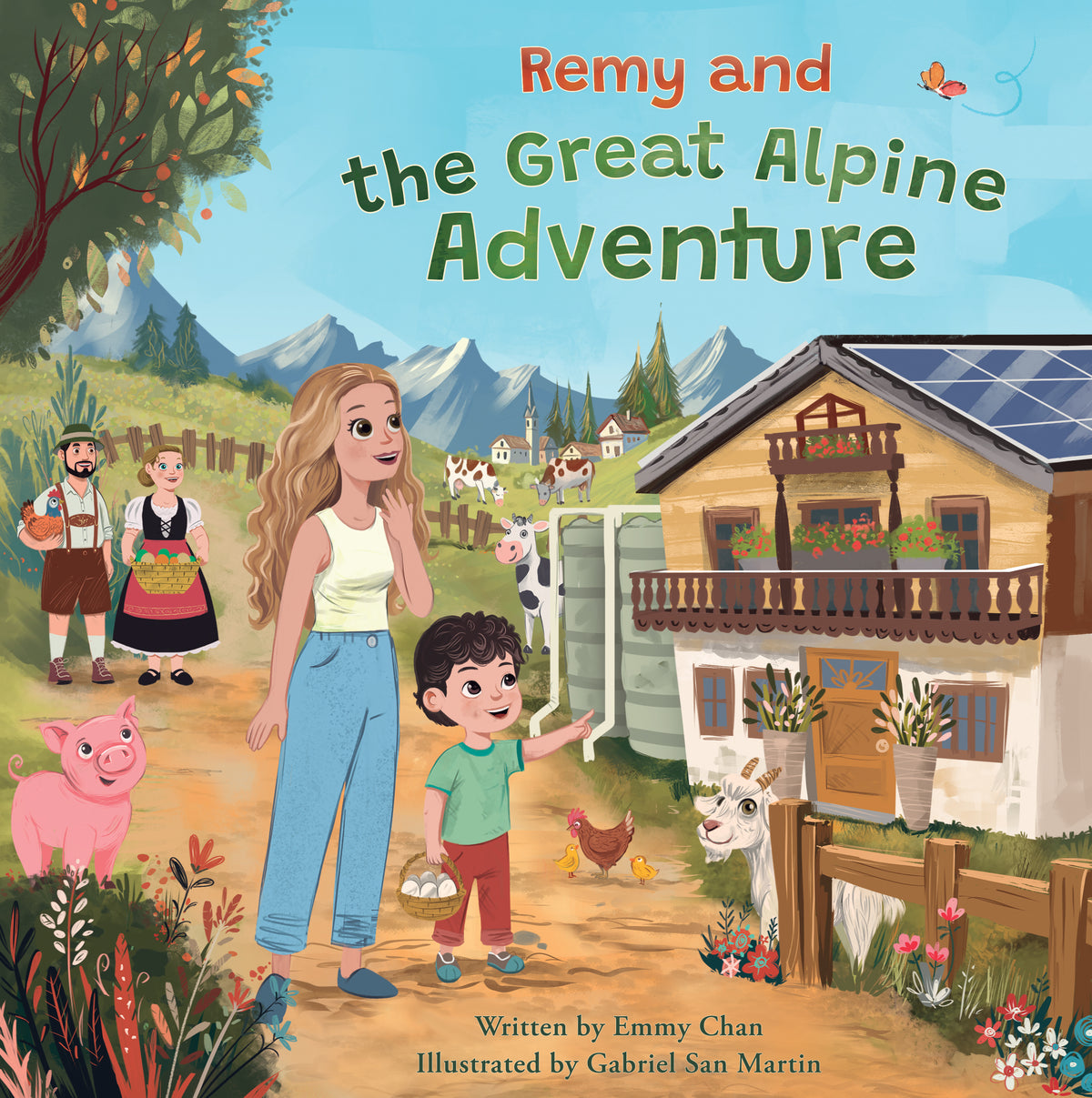 Children's book cover titled 'Remy and the Great Alpine Adventure' showing an illustrated family farm scene with a woman and child in the foreground, mountains in the background, a chalet, animals, and other farm figures. There are solar panels on the roof of the lodge, and rainwater harvesting tanks situated adjacent to it. 