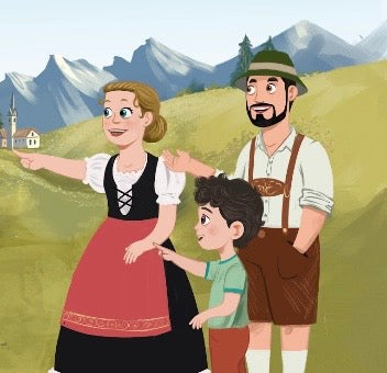 A stylized illustration of a couple dressed in Austrian traditional clothing standing with main character, Remy, in a scenic mountain valley.