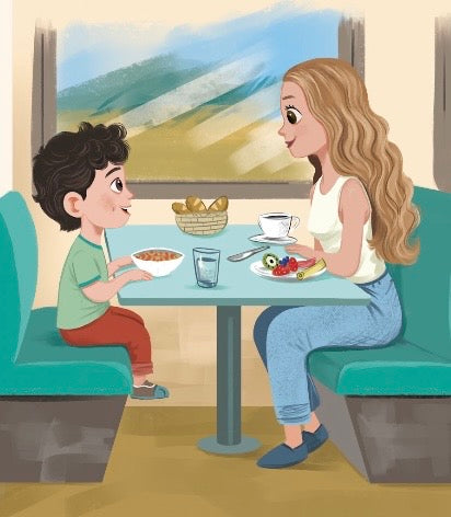 A stylized illustration of a woman and a young boy sitting across from each other at a table inside a train, with breakfast items on the table and a scenic window view behind them.