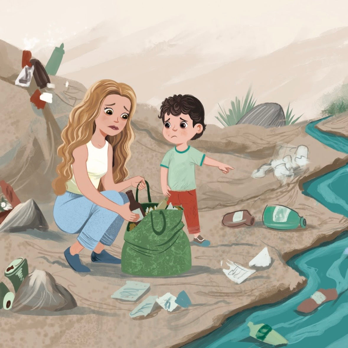 An illustrated scene of a woman crouching beside a child in a polluted riverbank environment, holding a green bag while trash and plastic litter surround the area.
